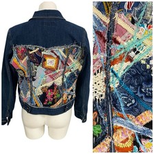 Upcycled Denim Jacket Womens Medium Boho Grunge Patchwork Folk Art Coachella