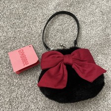 Gymboree Girls Dress Up Black Patent Strap Faux Fur Purse Dark Red Bow Classic