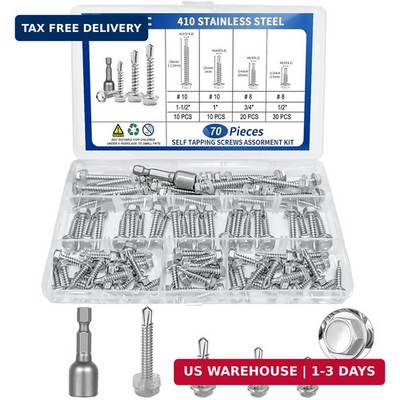 70Pcs #8#10 Hex Washer Head Self Tapping Screws 410 Stainless Steel Self Drillin