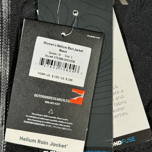Outdoor Research Jacket Womens L Black Helium Rain Jacket Lightweight Ripstop 65 - Picture 3 of 9