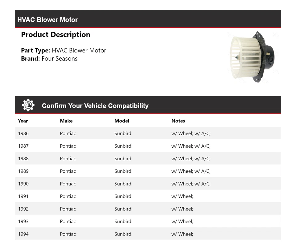 Motor soplador de climatización Pontiac Sunbird 1986-1994 4 estaciones 1987 1988 1989 1990 Foto 2 de 4