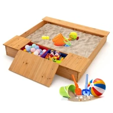 Kids Outdoor Wooden Play Sandbox Toy with Bench Seats and 2 Side Storage Boxes