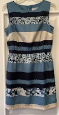 Ann Taylor Loft Dress Size Medium Petite Blue Black Cream Stripes Sleeveless