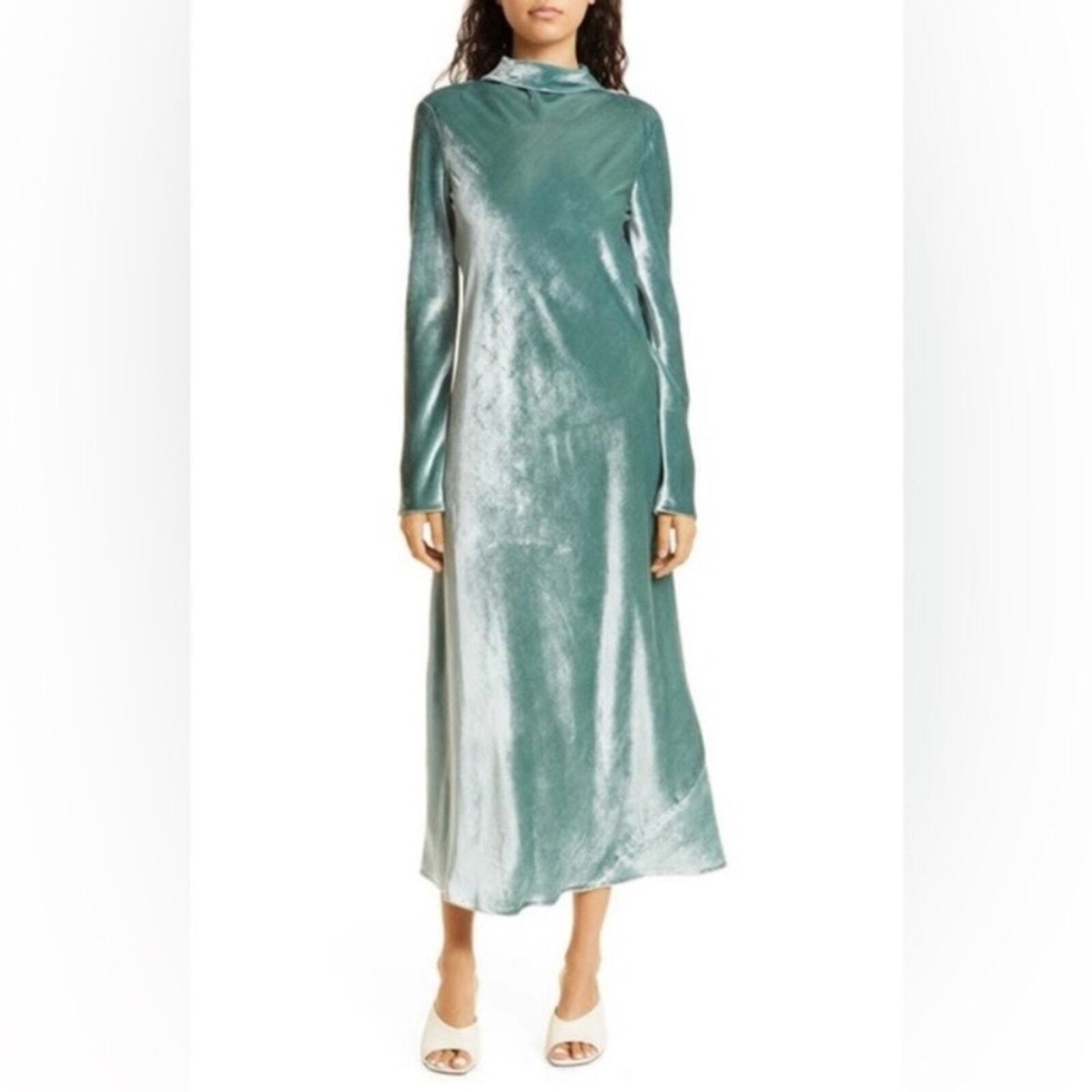 NWT Vince Dress Long-Sleeve Funnel-Neck Tie-Back MIDI in Velvet Aegean Blue