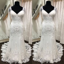 Long Sleeves Wedding Dresses Mermaid V Neck White Ivory Elegant Bridal Gowns