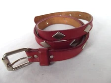 vtg Narrow skinny maroon burgundy belt leather diamond stud silvertone brass S