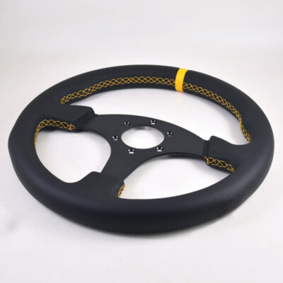 350mm 14inch Car Leather Flat Track Drift Racing Steering Wheel Yellow Stitching