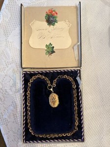 Antique Victorian Gold Filled Pearl Pendant Locket With Chain In Box +Card 1882