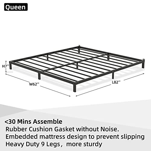 Low Bed Frame, 7-Inch Metal Bed Frame Size, Heavy Duty Low Profile Queen 7 Inch