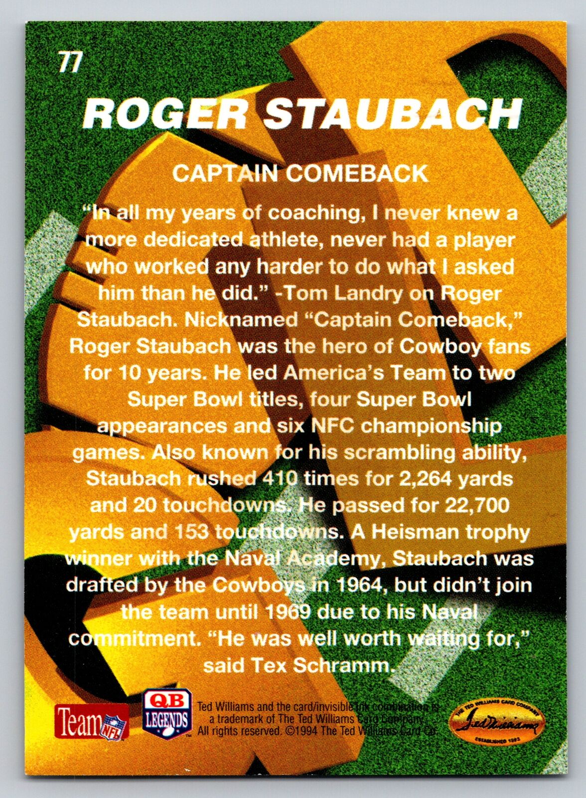 1994 Ted Williams Roger Staubach's NFL #77 Roger Staubach