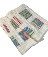 Patchwork Standard Pillow Shams White With Striped Accents Tie in Back