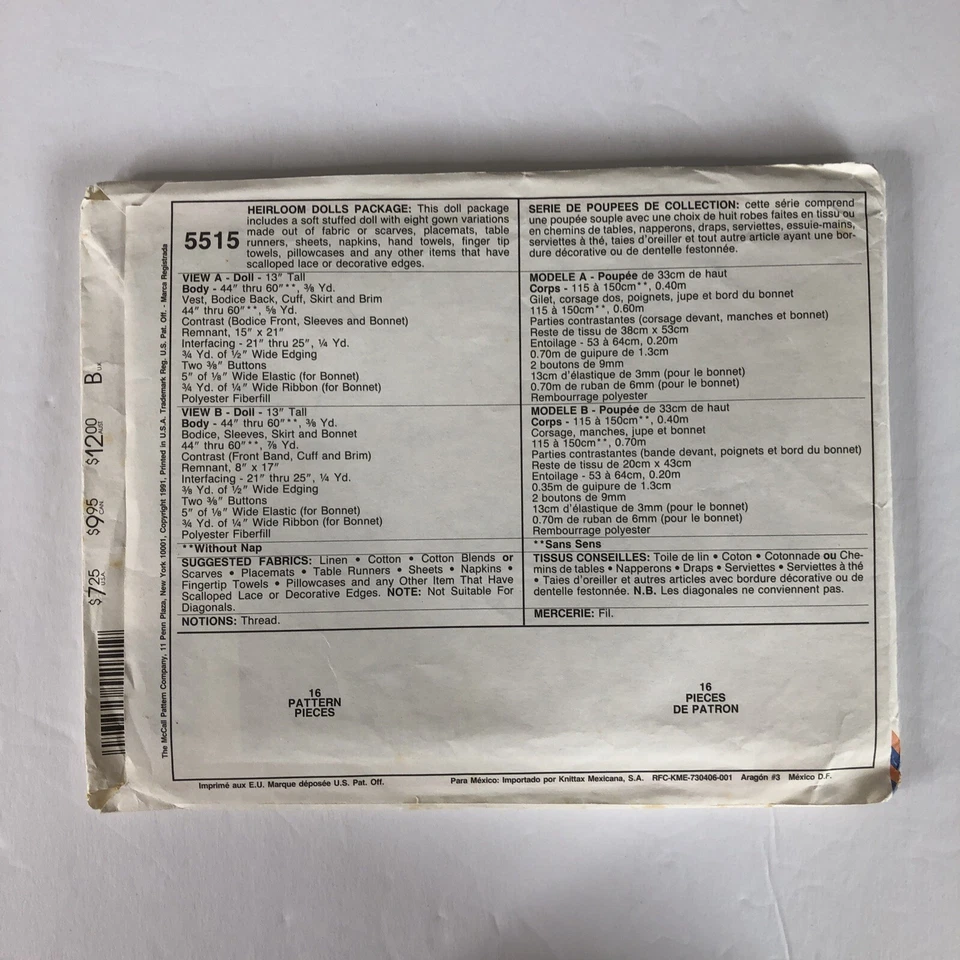 McCall's Sewing Pattern 5515 American Heirloom 13" Doll Gown Variations Uncut - Image 4 of 4