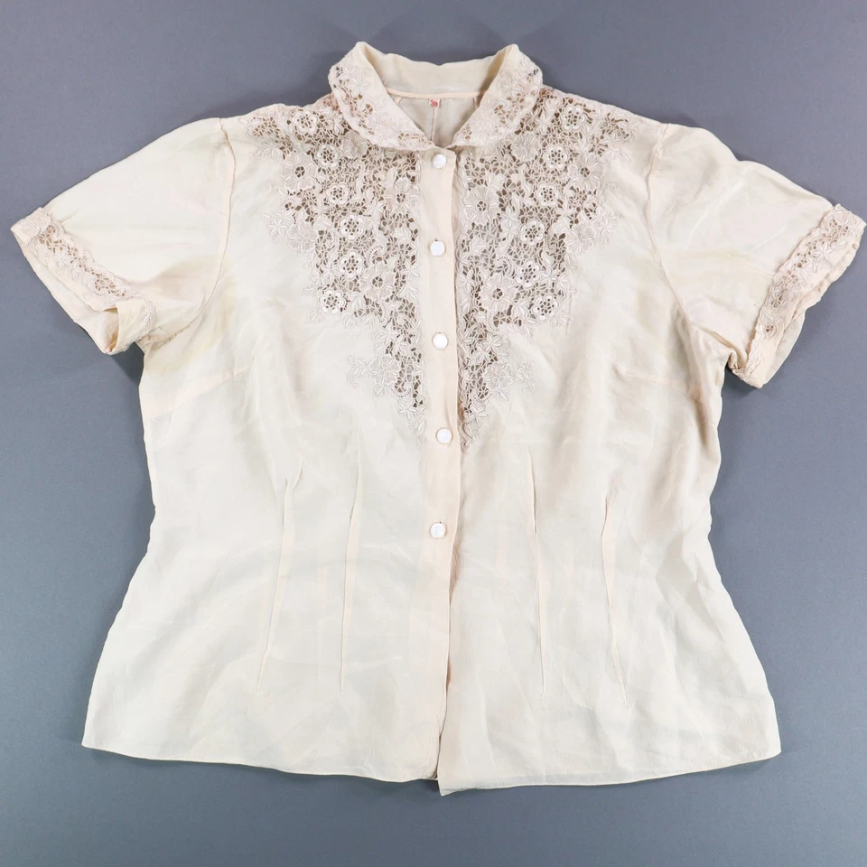 Blusa de seda vintage bordada transparente guipure corpete de renda década de 1940 mangas curtas - Imagem 3 de 4