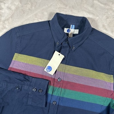 Boden Mens Navy Blue Rainbow Striped Regular Fit Long Sleeve Shirt S VTG NWT