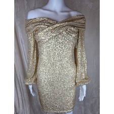 Gold Sequin Off Shoulder Long Sleeve Mini Dress Party Club Size M