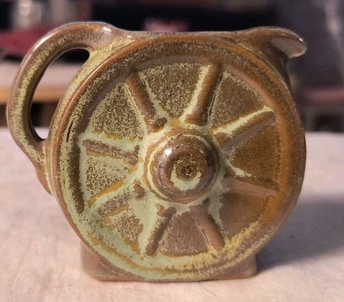 1948 Frankoma Pottery Prairie Green Christmas Card Wagon Wheel Creamer
