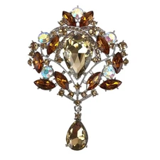 Amber Rhinestone Brooch Iridescent Gold Tone Victorian Style