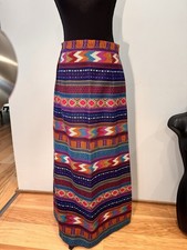 Vintage Women  s Multicolor Geometric Aztec Boho Maxi Skirt Cotton Button Waist