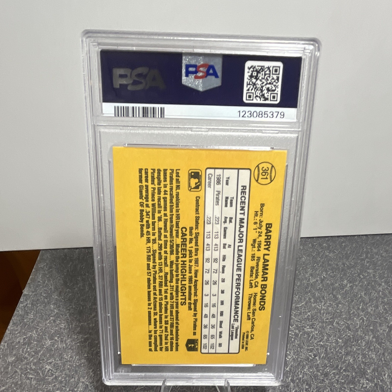 Donruss 1987 Barry Bonds #361 RC Rookie Pittsburgh Pirates PSA 9 Graded view 2