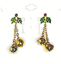 Christmas Holly Earrings - Enamel on metal with faux gold bells