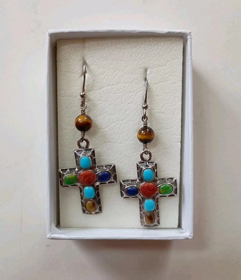 925 Sterling Silver Cross Earrings  Multicolored Gemstones Religious Drops - Image 4 of 4