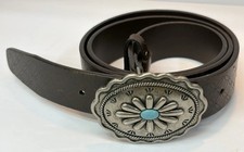 Brown Genuine Leather Belt Turquoise Silver Flower Concho Buckle XL