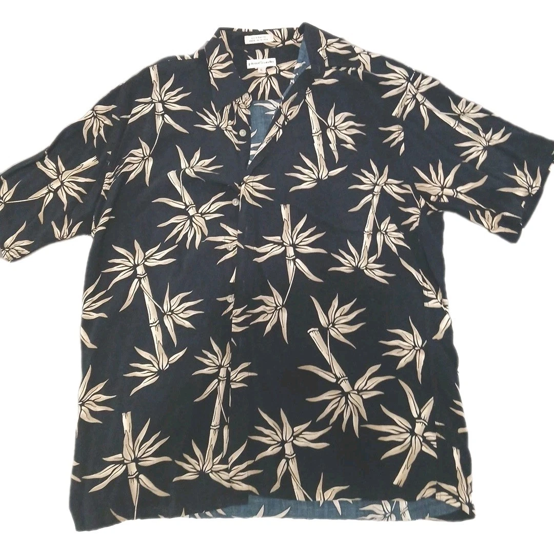VTG Pierre Cardin Hawaiian Shirt Mens L Black Rayon Bamboo Tropical Camp Aloha
