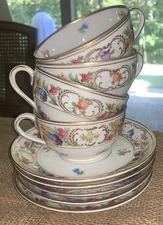 Antique Dresden Set 9 Floral Handpainted 4 Cups 5 Saucers Schumann Bavaria