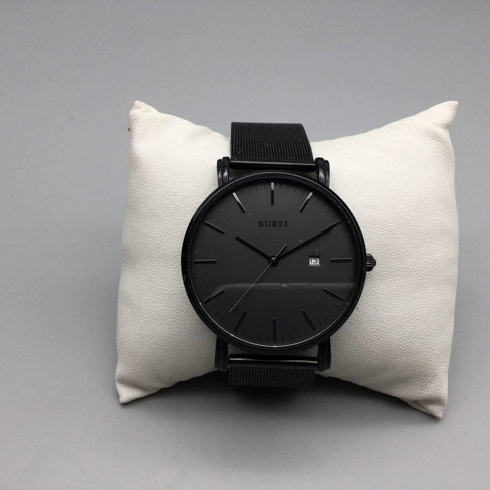 Relógio masculino BUREI 41mm preto aço inoxidável malha data vestido S-19003M nova bateria - Imagem 2 de 4