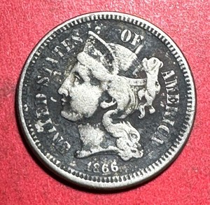1866 US Three Cent Nickel Piece! FINE Details! "Odd" Denomination! Old US Coin!