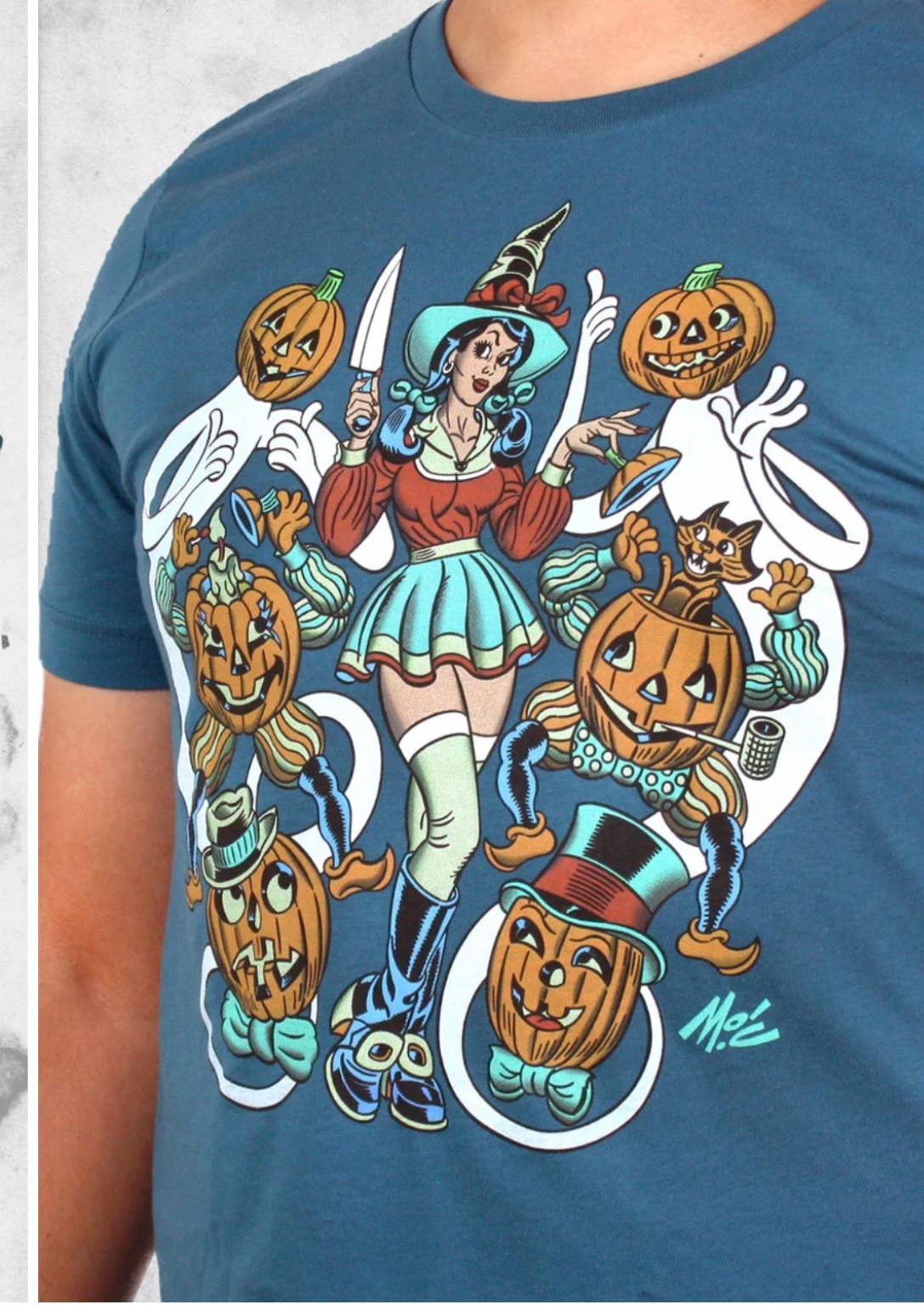 Beistle Creepy Co Blue Curvy Carver T-Shirt Halloween Witch Pumpkin Retro XS
