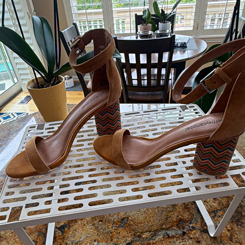 Jeffrey Campbell Women's Tan Suede Chevron Ankle Strap Buckle Heels US 8