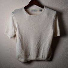 Lord & Taylor 100% Cashmere Short Sleeve Sweater Cream Ivory Crew Neck Large