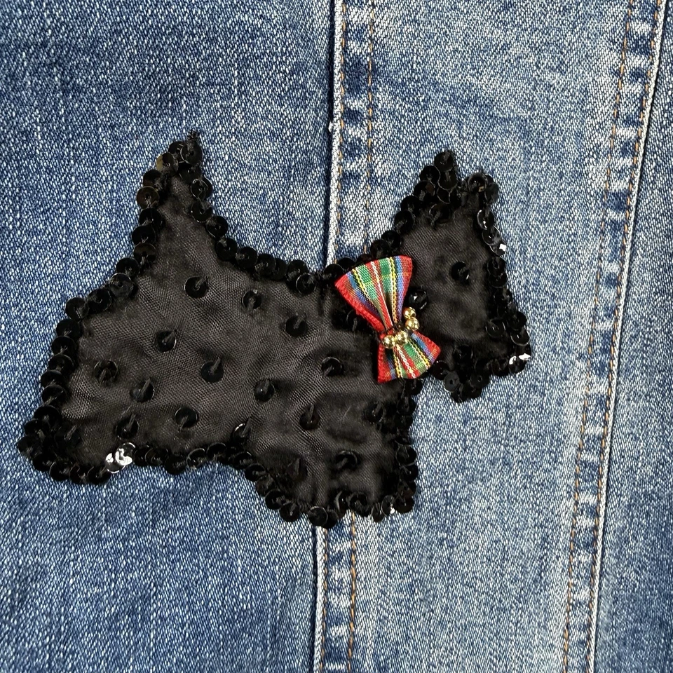 Quacker Factory Jean Jacket 2X Scottie Dog Rhinestone Embellished Button Up READ - Image 4 of 4