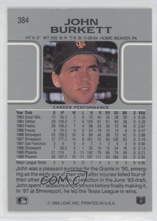 2012 Leaf Memories 1990 Leaf Buyback Gold Foil /5 John Burkett #384 - Image 2 of 2