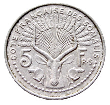 French Somaliland DJIBOUTI 1965 5 FRANCS, LYRE ANTELOPE ALUMINIUM one year type