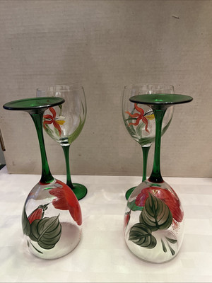 Set Of 4 Luminarc France Hand Painted Floral Stem Glasses Nice Shape