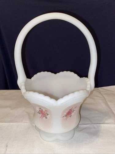 Fenton Vintage Art Glass Hand painted Roses Satin Glass Basket Signed By PMiller