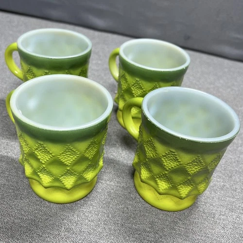 Vintage Anchor Hocking Fire-King Kimberly Green Diamond Coffee Mugs Set 4 MCM