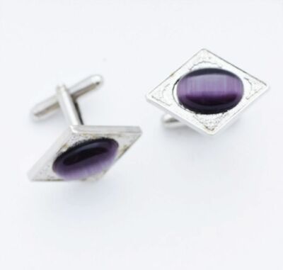 C0974 CUFF LINKS CUFFLINKS RHOMBUS LILAC LAVENDER CAT'S EYE GEM STONE OVAL NEW
