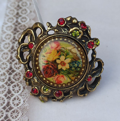 Michal Negrin Ring Statement Floral Cabochon Rose Victorian Revival Red Crystals