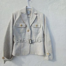 Speigel Tapestry fabric Tan short Coat  Womens size 6  belt J-1