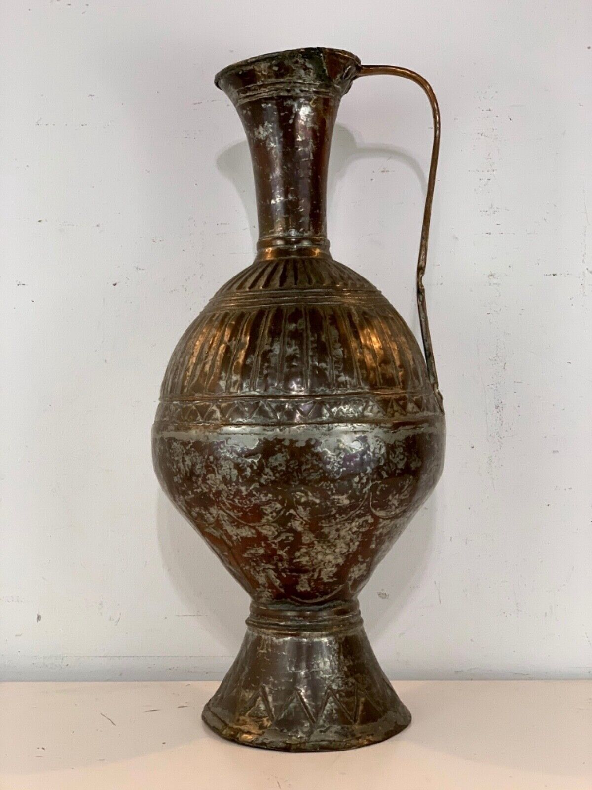 Antique Persian Large Lidded Ewer / Pitcher with Handle and Copper Finish