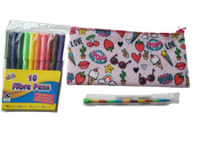 Pop Pencil Case & 10 Felt Pens & Colour Swap Crayons - Pink Blue