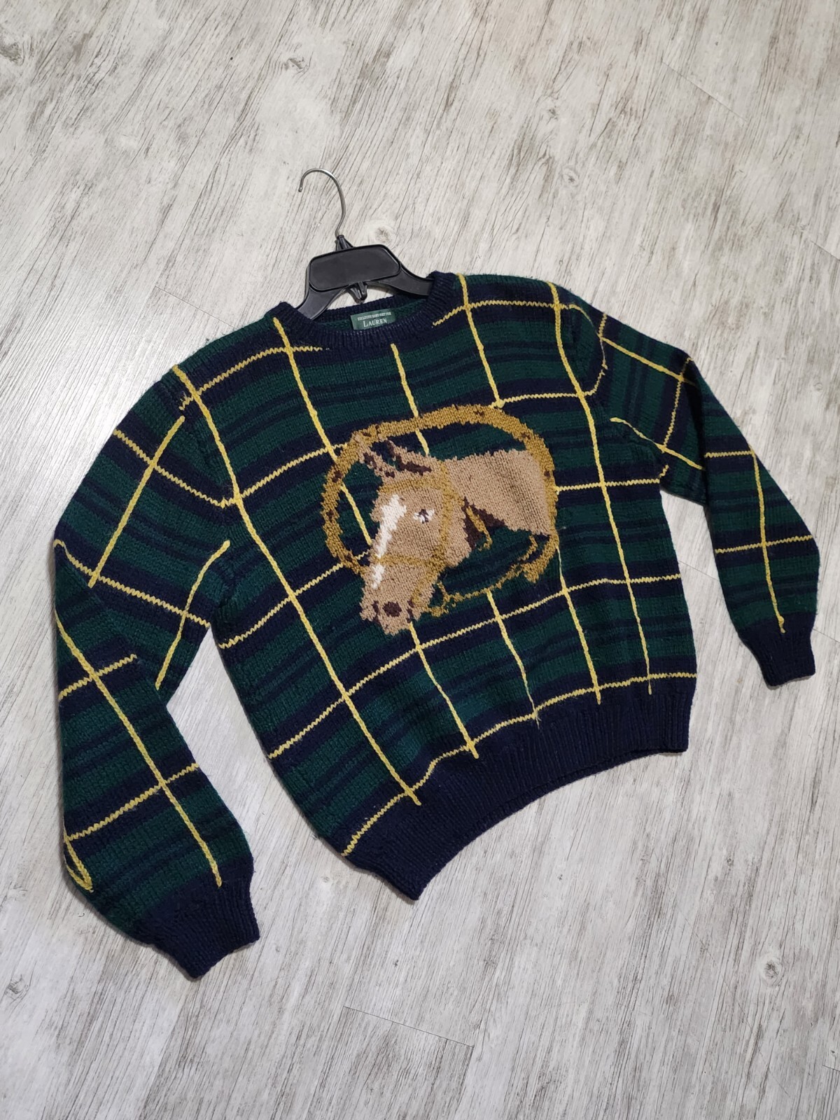 EXLUSIVE RARE Hand Knit For Ralph Lauren Wool Alpaca Plaid Design Horse Head M image 4