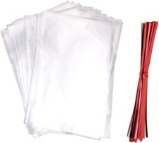 5 x 7 Inch Clear Flat OPP Cello Cellophane Treat Bags With 100Pcs Red Twist T...