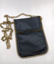 Crossbody Mini Black Bag Brass Chain Links Faux Leather Whipstitch Phone Wallet