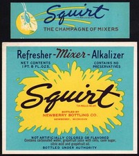 Vintage soda pop bottle label SQUIRT blue and yellow splash logo Newberry Mich