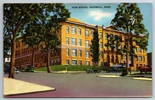 MA, Haverhill, High School, Old Cars, Vintage Postcard