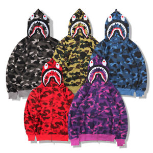 Bathing Ape Bape Tubarão zíper com capuz unissex estilo Casaco Moletom Jaqueta Mandíbula Camo Hot | eBay